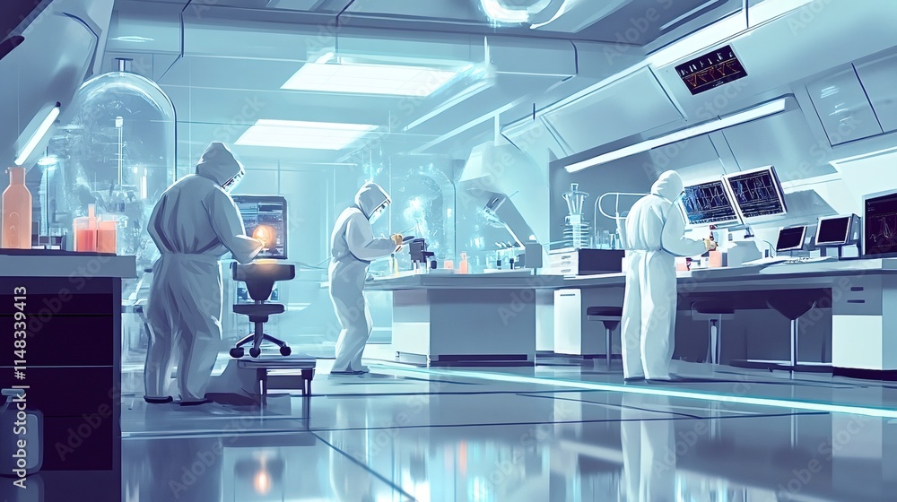 Scientists wearing hazmat suits are working in a modern laboratory, conducting important research using advanced technology and equipment, illuminated by cool, futuristic lighting Scientists wearing hazmat suits are working in a modern laboratory, conducting important research using advanced technology and equipment, illuminated by cool, futuristic lighting