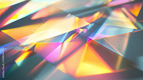 Abstract composition of refracted light through colorful glass prisms creating vibrant geometric patterns. photo