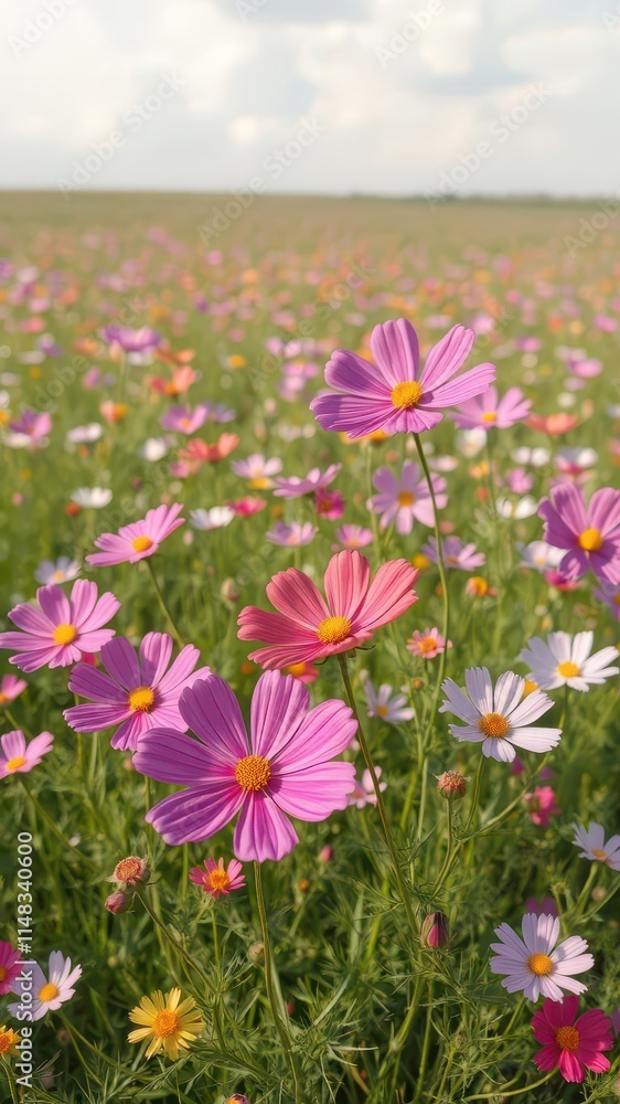 Vibrant cosmos flowers sway gently in a vast field, background, close-up Vibrant cosmos flowers sway gently in a vast field, background, close-up