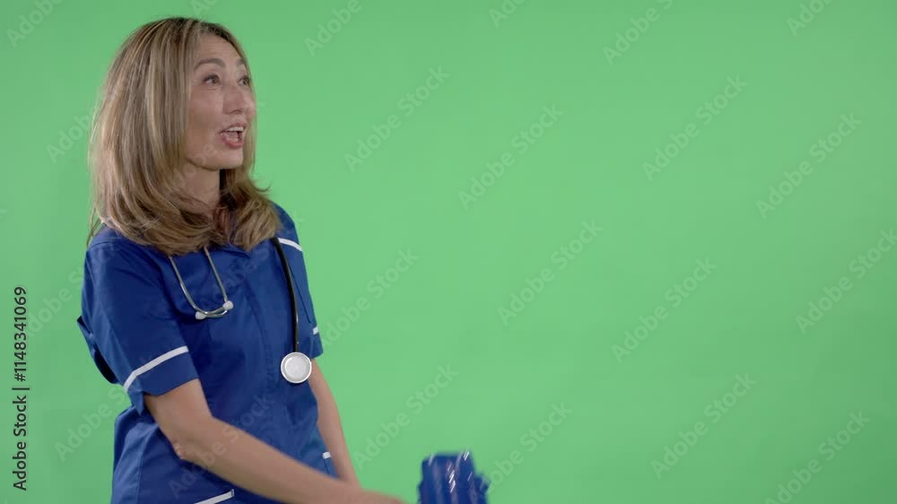Nurse dressed in uniform smiles in front of a green background during health awareness segment Nurse dressed in uniform smiles in front of a green background during health awareness segment