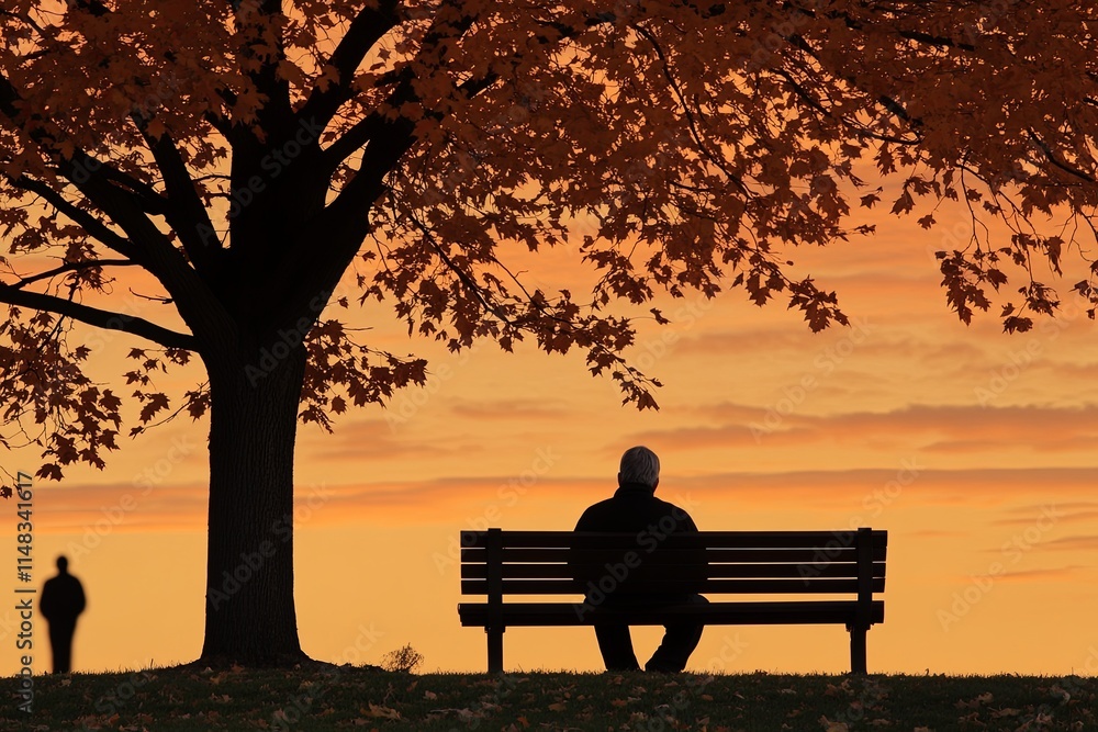 Wide shot of a person sitting alone on a park bench Wide shot of a person sitting alone on a park bench