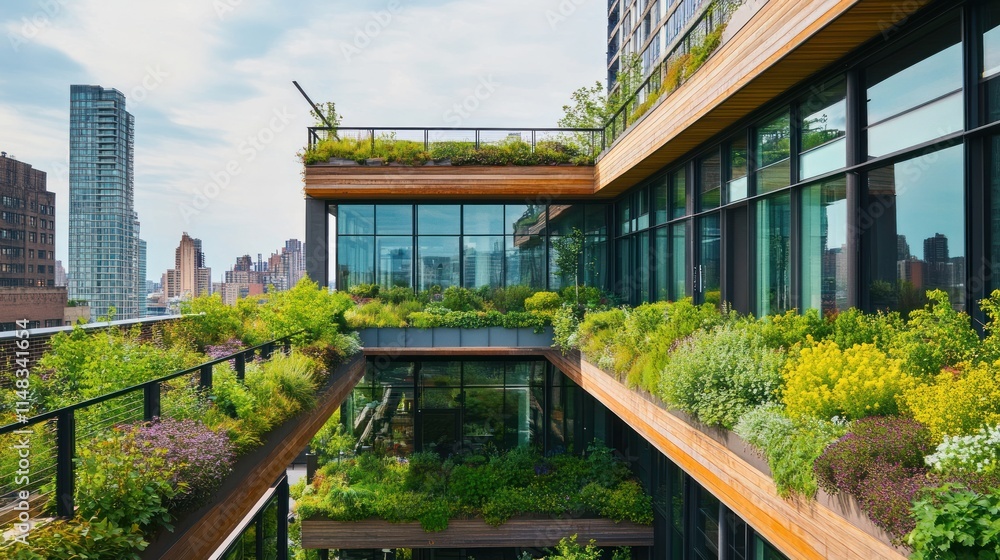 Rooftop garden with lush greenery on modern building. Rooftop garden with lush greenery on modern building.