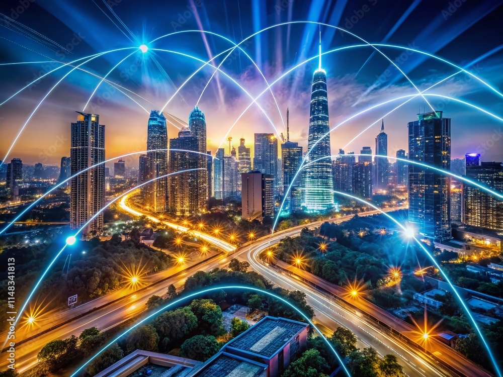 Fototapeta premium Smart City 5G Network: Long Exposure Photography of Digital Connectivity and IoT