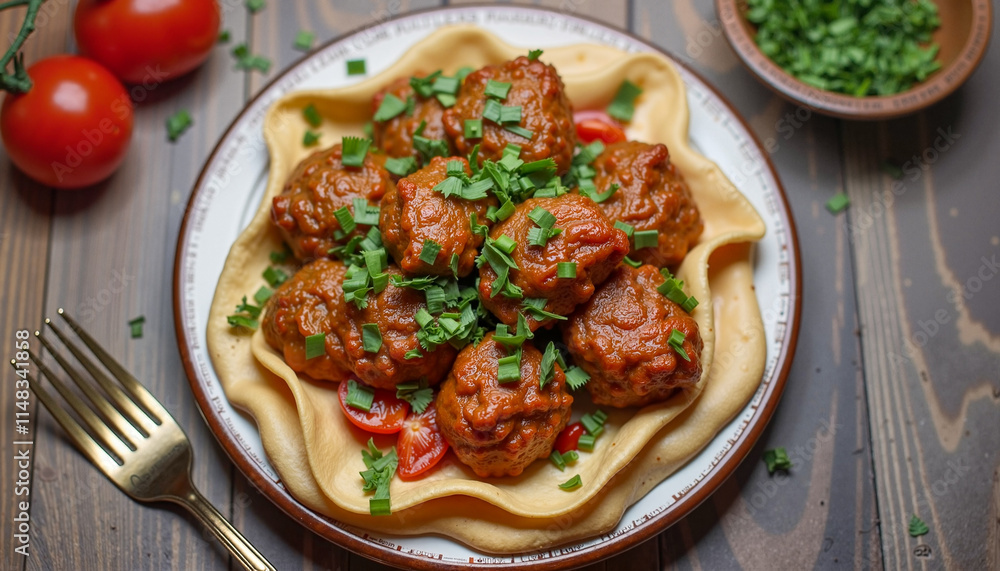 Savory meatballs with sauce and herbs served on pasta in a decorative plate Savory meatballs with sauce and herbs served on pasta in a decorative plate