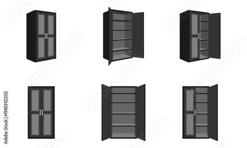 cupboard open and close, front view and side view set vector illustration isolated on white background.
