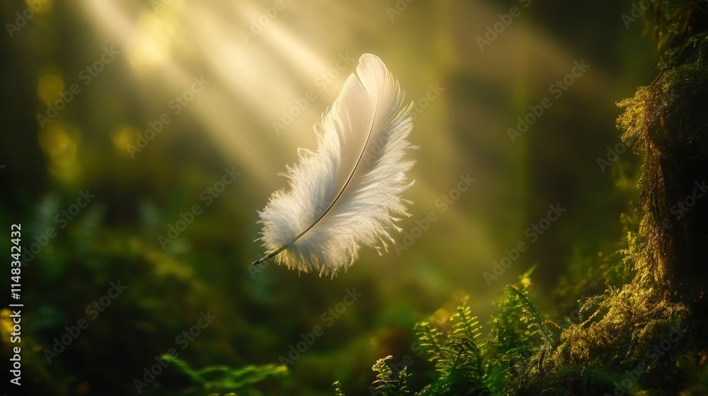 Sunlit white feather floats in mossy forest. Sunlit white feather floats in mossy forest.