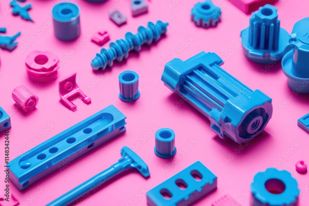Educational background with blue plastic assembly kit on pink backdrop Educational background with blue plastic assembly kit on pink backdrop