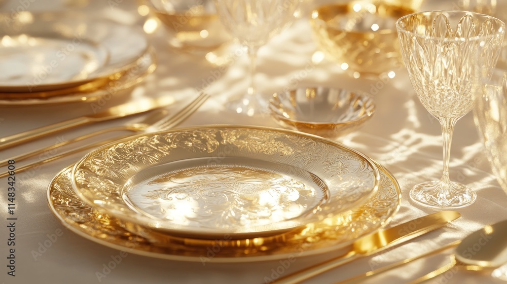 Elegant gold dinnerware set on a table in sunlight. Elegant gold dinnerware set on a table in sunlight.