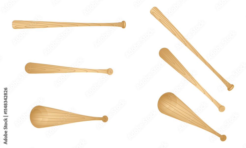baseball bat set with wood grain, different view. vector illustration isolated on white background. baseball bat set with wood grain, different view. vector illustration isolated on white background.