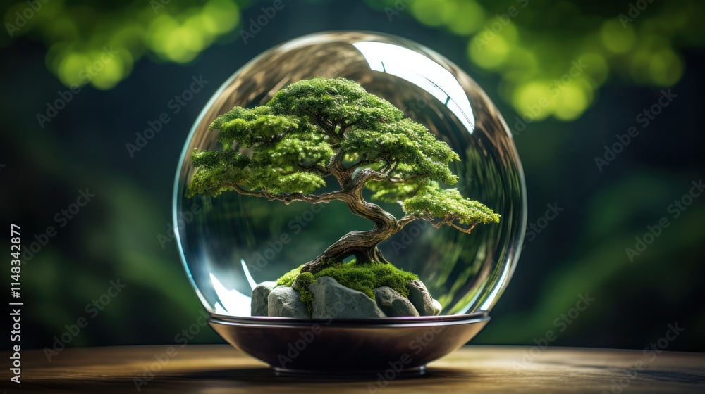 A beautiful tree inside a glass ball on an unusual wooden stand A beautiful tree inside a glass ball on an unusual wooden stand