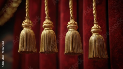 Wallpaper Mural A close-up of gold-fringed tassels hanging from rich red velvet curtains, showing intricate details and textures, softly illuminated by candlelight to create a vintage, royal atmosphere. Torontodigital.ca
