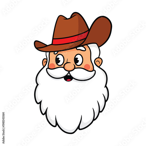 Retro vintage Santa Claus wearing a cowboy hat with a Howdy Christmas theme. Groovy 70s style Santa illustration, ideal for festive holiday designs and seasonal decorations.