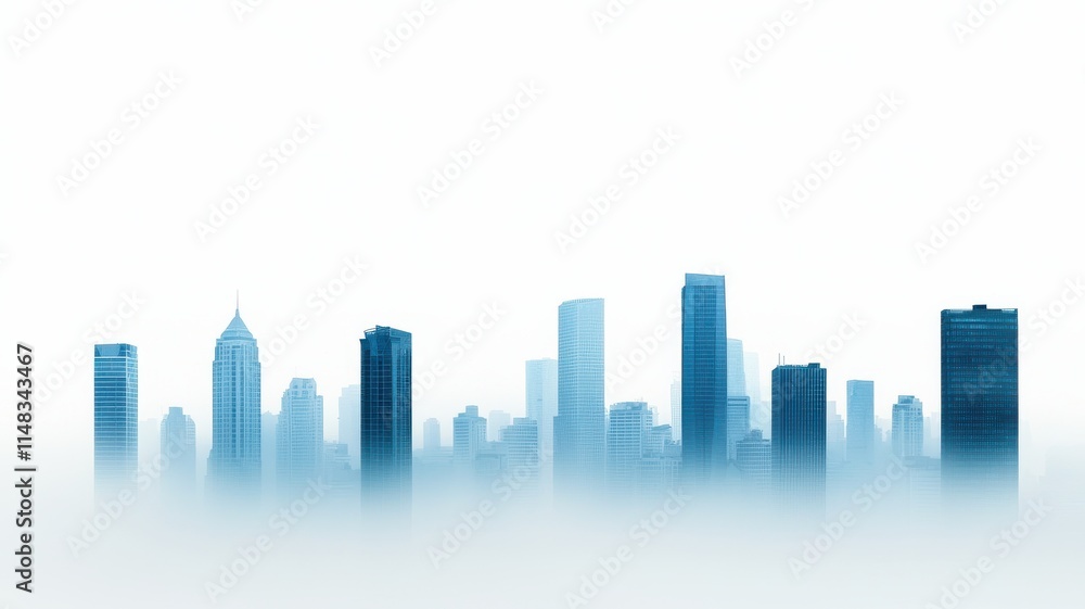 Obraz premium A misty skyline showcasing tall, modern buildings with a blue hue against a light background, creating a serene urban atmosphere.