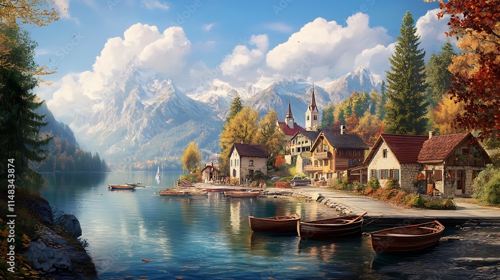 Obraz premium Autumnal Lakeside Village Nestled Amongst Majestic Mountains