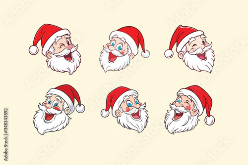 Santa Claus with various expressions. Humorous cartoon character, vector illustration.
