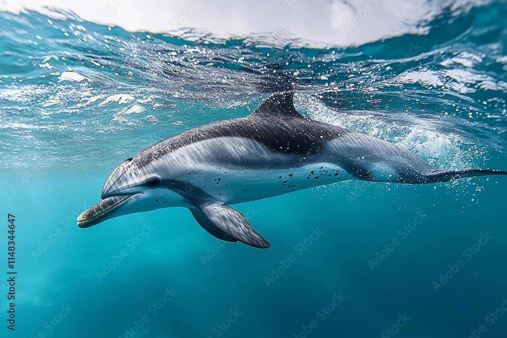 Fototapeta premium Spotted dolphin surfing in waves in clear blue water , isolated on white background, , copy space, copy space for text,