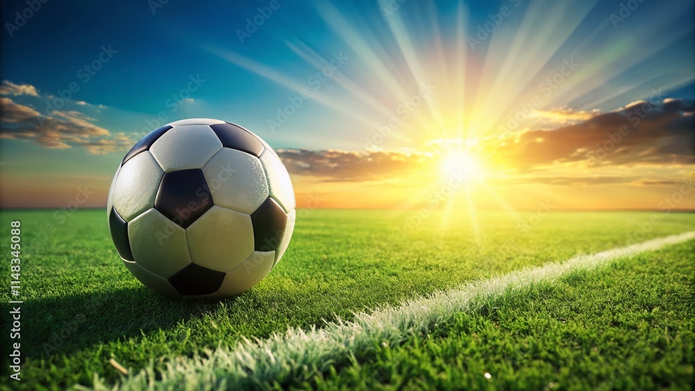 Naklejka premium Soccer Field Ball Game, Football Pitch, Sport Field, Ball on Grass, Soccer Ball, Football, Sports Photography, Green Field, Grassy Field, Outdoor Game