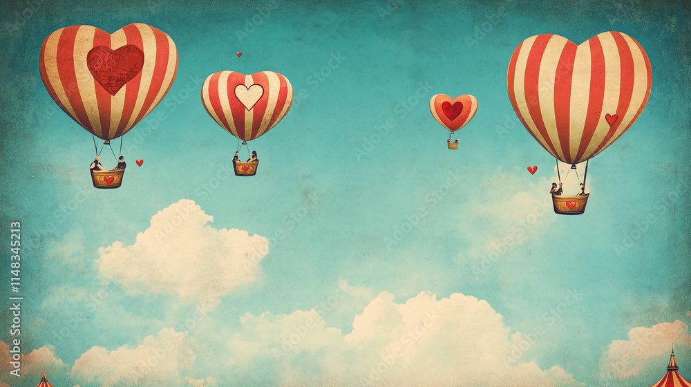 Obraz premium Illustration of a vintage carnival with heart-shaped balloons in the sky, providing ample sky for text