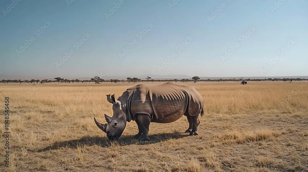 Fototapeta premium Rhino grazing savanna.