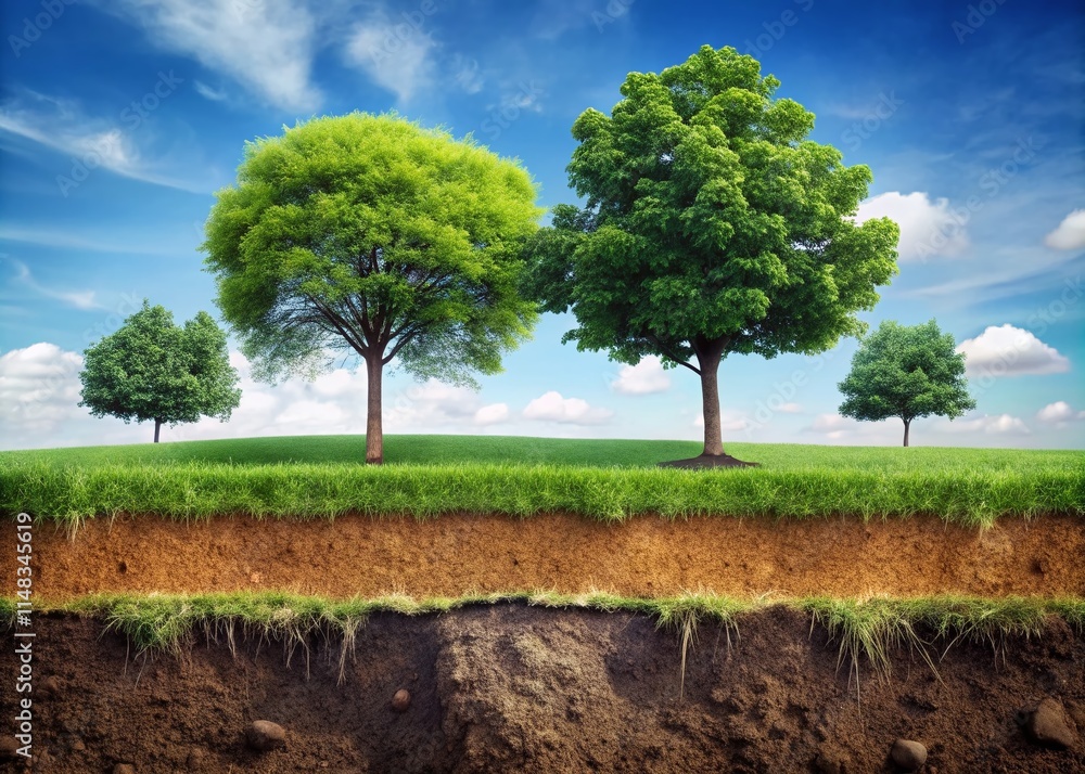 Soil Layers Cross Section, Grass, Trees, Earth Science, Geology, Environmental Science, Soil Profile, Roots, Ecosystem, Nature Photography, Educational Image, Scientific Illustration Soil Layers Cross Section, Grass, Trees, Earth Science, Geology, Environmental Science, Soil Profile, Roots, Ecosystem, Nature Photography, Educational Image, Scientific Illustration