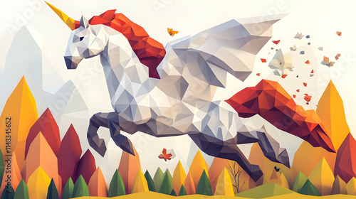 Low-poly winged unicorn flying over autumnal forest, with birds in background, for fantasy or children's design. photo