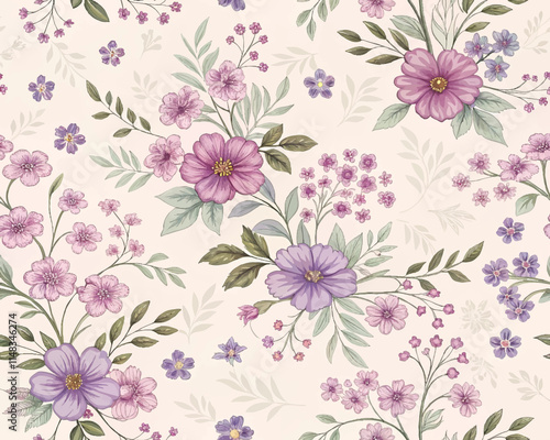 Liberty style background of small mauve and lilac flowers ,Vintage seamless floral pattern illustration