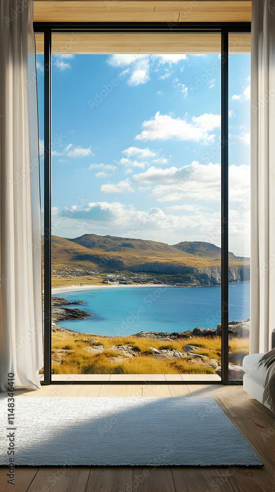 Fototapeta premium A serene view from a modern room showcasing mountains and a tranquil blue sea.