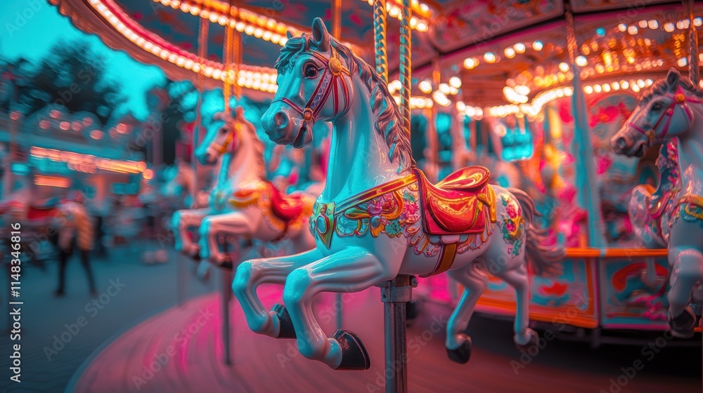 Close-up of a carousel horse at night, illuminated by colorful lights. Close-up of a carousel horse at night, illuminated by colorful lights.