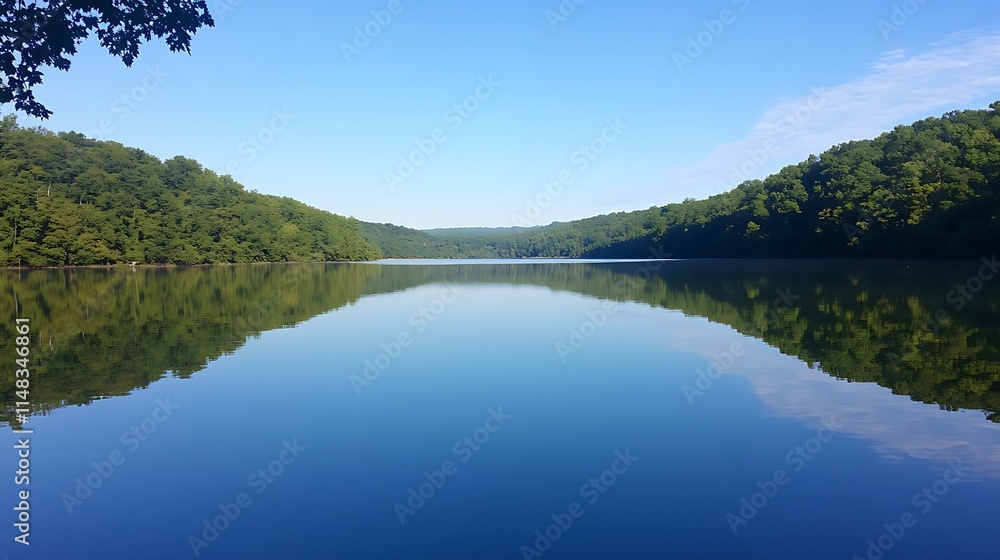 Serene lake reflects wooded banks. Serene lake reflects wooded banks.