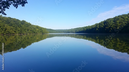 Serene lake reflects wooded banks.