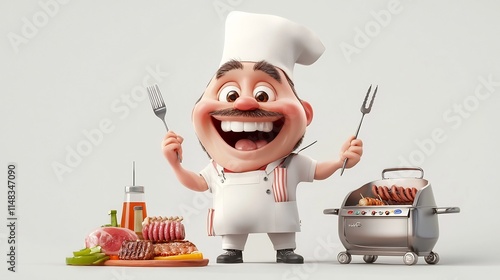 Cheerful 3D cartoon animation of a tooth character dressed as a grill master holding barbecue tongs and a skewer isolated on a clean white background  Funny concept for dentistry food photo