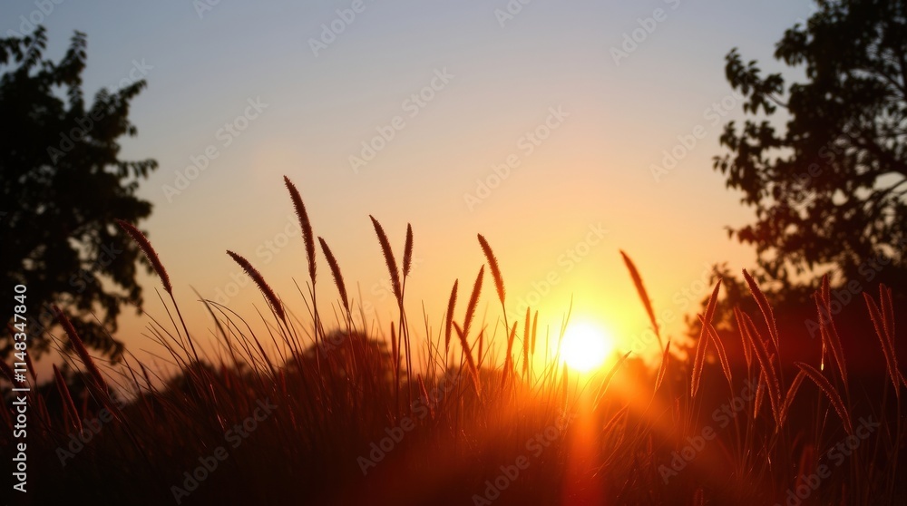 Golden Hour Serenity: A captivating silhouette of tall grass illuminated by a breathtaking sunset, evoking tranquility and the beauty of nature's golden hour. Golden Hour Serenity: A captivating silhouette of tall grass illuminated by a breathtaking sunset, evoking tranquility and the beauty of nature's golden hour.