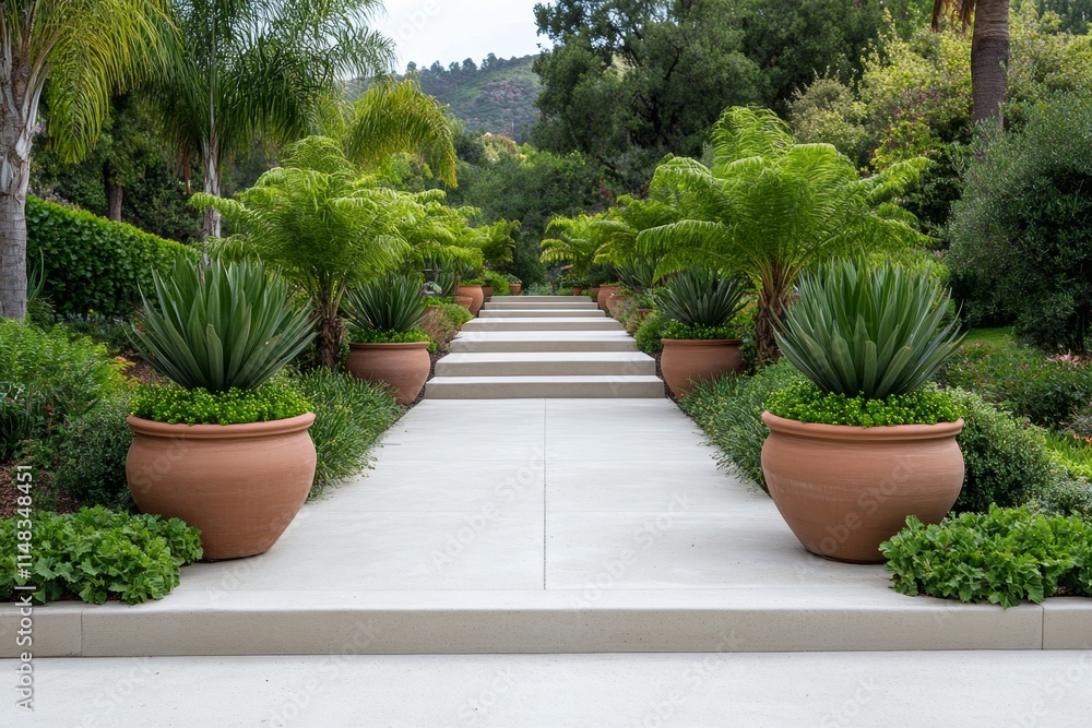 Fototapeta premium A Mediterranean-inspired garden with terracotta pots, olive trees, and a rustic stone pathway