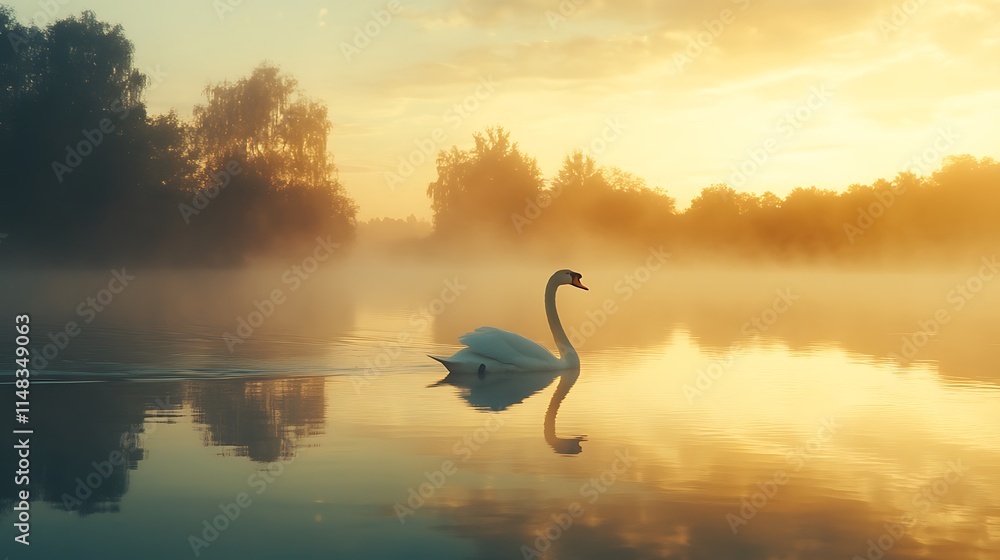 Fototapeta premium Swan swims in foggy lake at sunrise.