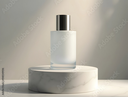Elegant Fragrance Bottle on a Minimalist Display with Soft Lighting and Subtle Shadows