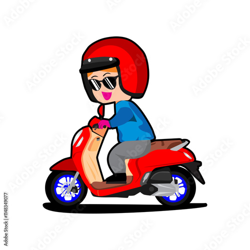 cute riding motorcycle biker cartoon scooter automatic photo