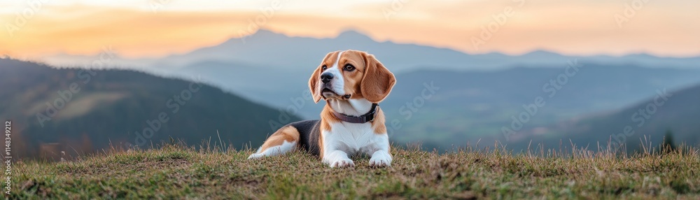 A serene dog beagle, lies on a grassy hill, its gaze lost in thought, with scenic mountains in the distance under a sunset sky This calm landscape showcases the beauty of nature alongside the A serene dog beagle, lies on a grassy hill, its gaze lost in thought, with scenic mountains in the distance under a sunset sky This calm landscape showcases the beauty of nature alongside the