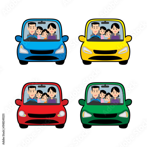 family riding cars set drivers driving colorful vehicles cartoon vector illustration isolated