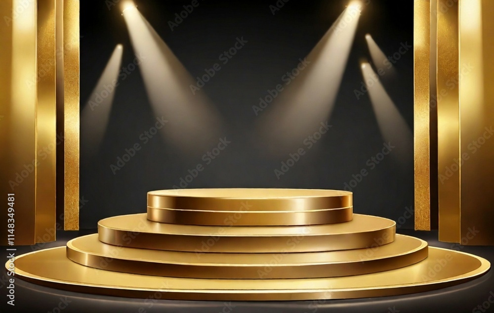 Obraz premium Luxurious gold stage display with spotlight and bokeh