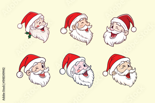 Santa Claus with various expressions. Humorous cartoon character, vector illustration.
