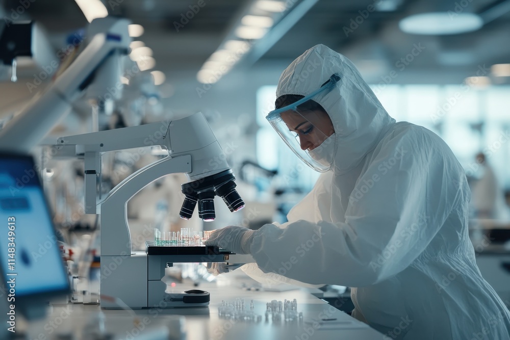 A dedicated scientist in personal protective gear meticulously analyzes samples under a microscope in a state-of-the-art laboratory filled with advanced technology and equipment. A dedicated scientist in personal protective gear meticulously analyzes samples under a microscope in a state-of-the-art laboratory filled with advanced technology and equipment.