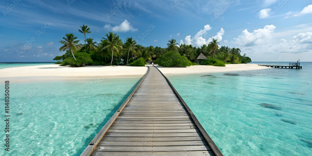 Fototapeta premium Long wooden pier leading to turquoise ocean and tropical beach