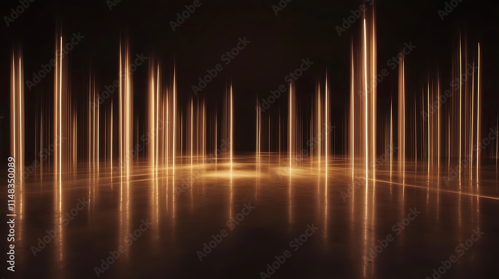 Golden light pillars on reflective floor. Golden light pillars on reflective floor.