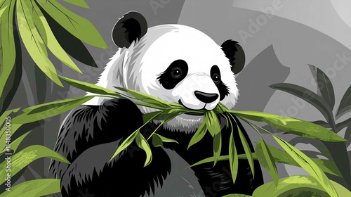 Cute Cartoon Panda Vector Illustration Amidst Bamboo in Nature photo