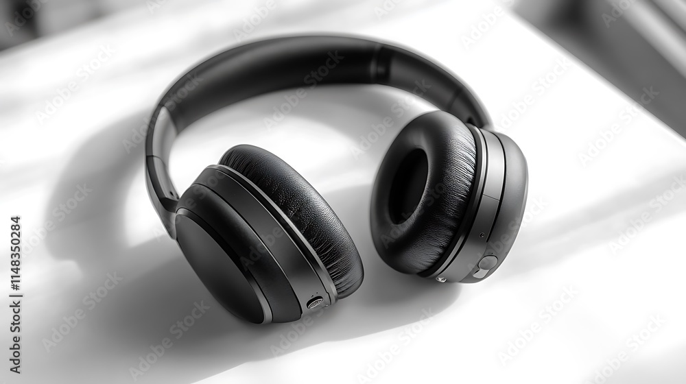 Black wireless headphones on white surface. Black wireless headphones on white surface.