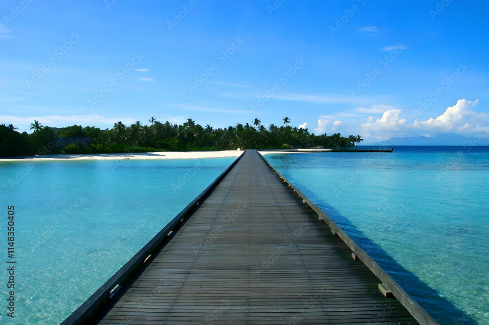 Long wooden pier leading to turquoise ocean and tropical beach Long wooden pier leading to turquoise ocean and tropical beach