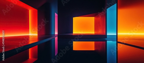 Fototapeta Naklejka Na Ścianę i Meble -  Empty room with colorful neon lights reflections.