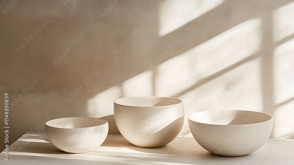 Three white ceramic bowls in sunlight. Three white ceramic bowls in sunlight.