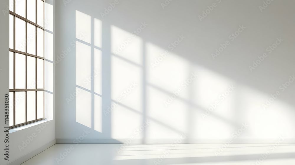 A minimalistic interior space with a large window casting shadows on the wall. A minimalistic interior space with a large window casting shadows on the wall.