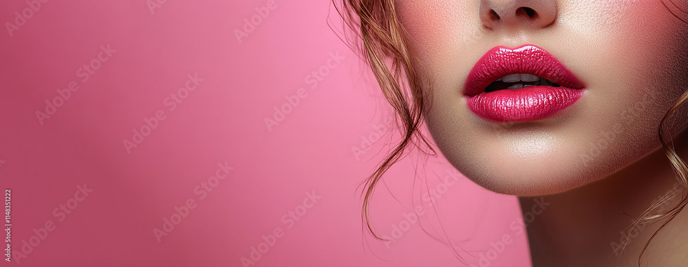 Obraz premium Women's lips on a solid fuchsia background.